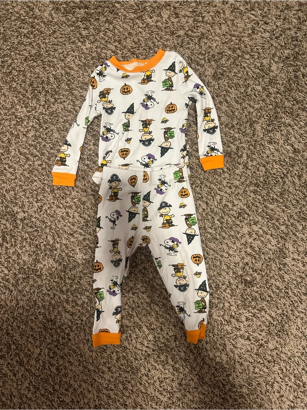 Peanuts Halloween Print Kids Pajamas - White with Orange Trim